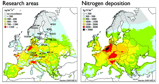 Map: Research areas and nitrogen deposit.